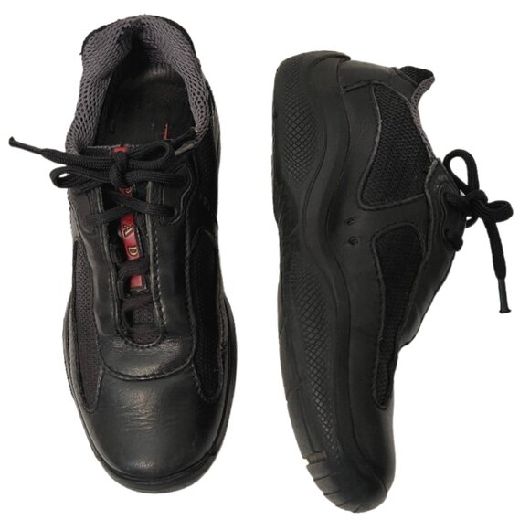 Prada America’s Cup Black Calfskin Leather & Mesh Low Top Sneaker Men's Size 7 - Picture 1 of 14